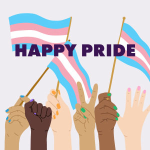 Illustration of raised hands with rainbow nail polish holding trans pride flags. Text: Happy Pride